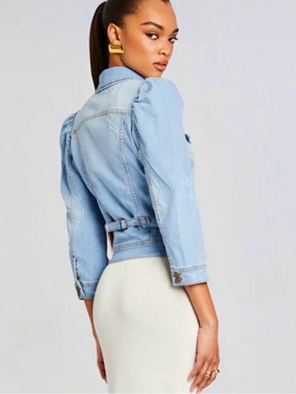Retrofête Ada Denim Puff Shoulder Jean Jacket | Light Blue Stone | Size S | NWOT - Picture 4 of 12